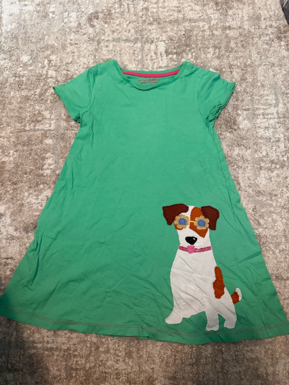Mini Boden Green A-Line Dress with Dog Appliqué size 5/6